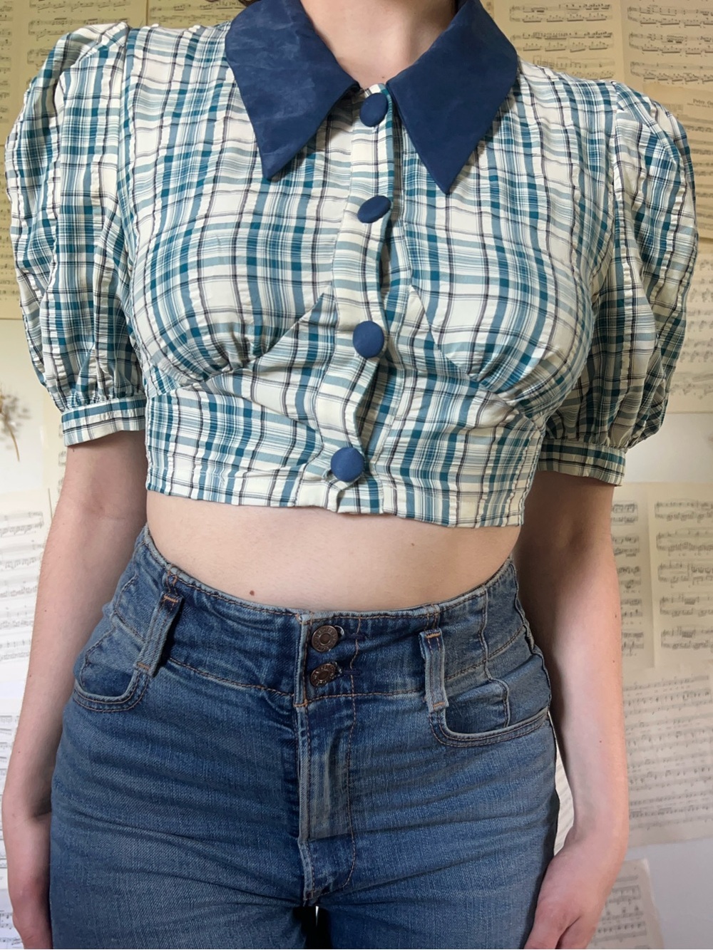Blue & Navy Plaid Cropped Puff-Sleeve Top